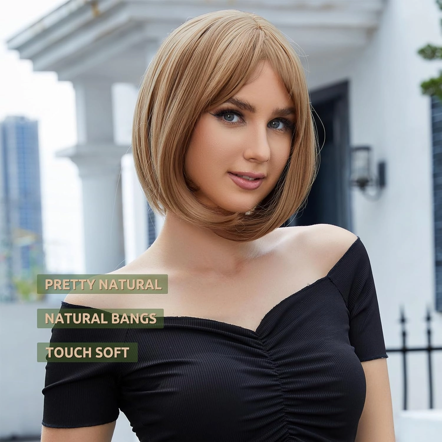 Onpep Bob Wig with Bangs Brown Highlight Short Straight Natural Looking Wigs for Women Shoulder Length Heat Resistant Synthetic Blonde Wigs