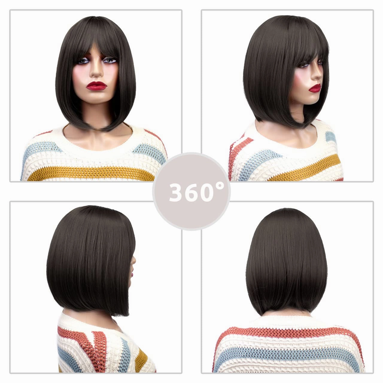 Onpep Bob Wig with Bangs Darkest Brown Short Straight Wigs for Women Shoulder Length Heat Resistant Synthetic Natural Color Wigs