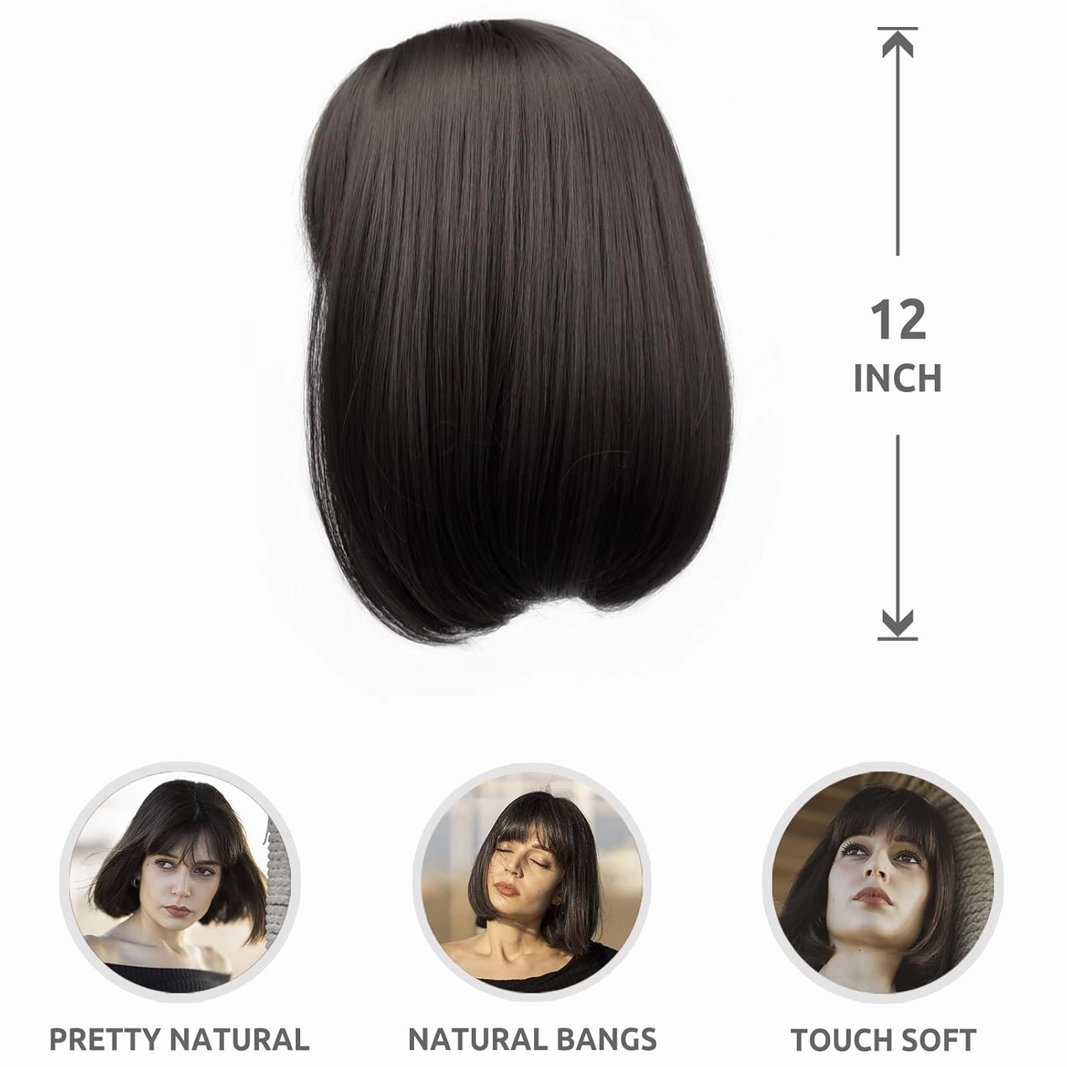 Onpep Bob Wig with Bangs Darkest Brown Short Straight Wigs for Women Shoulder Length Heat Resistant Synthetic Natural Color Wigs