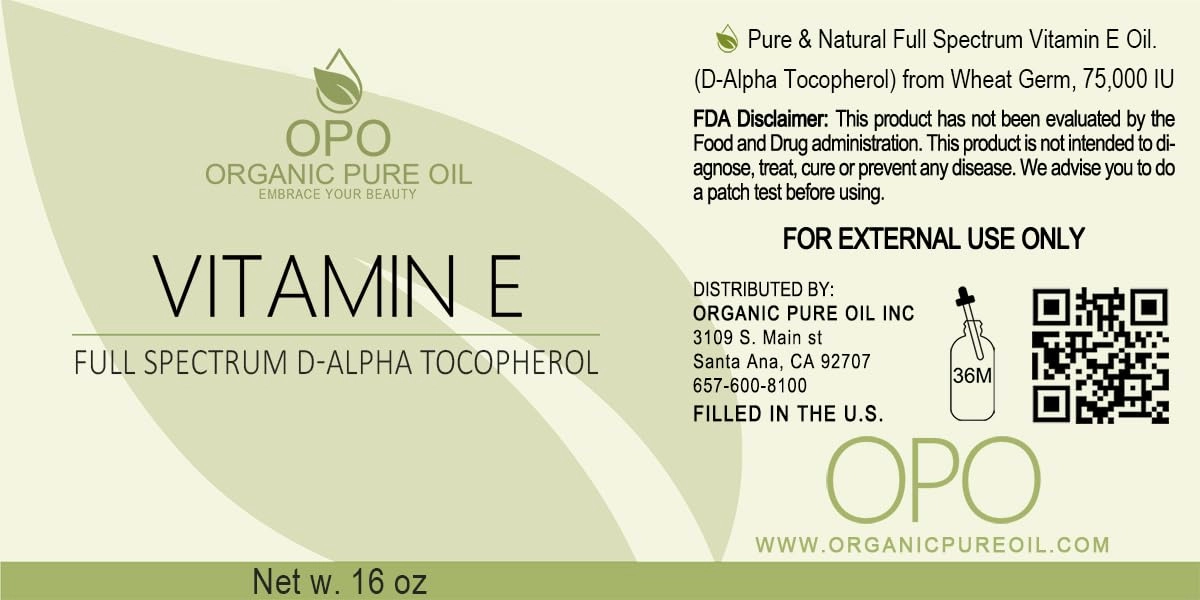 OPO Vitamin E Oil - Pure Full Spectrum D-Alpha Tocopherol 75,000 IU, Derived from Wheat Germ, Soy-Free for Hair Skin Face Body Nails Cuticles Antioxidant (16 oz)
