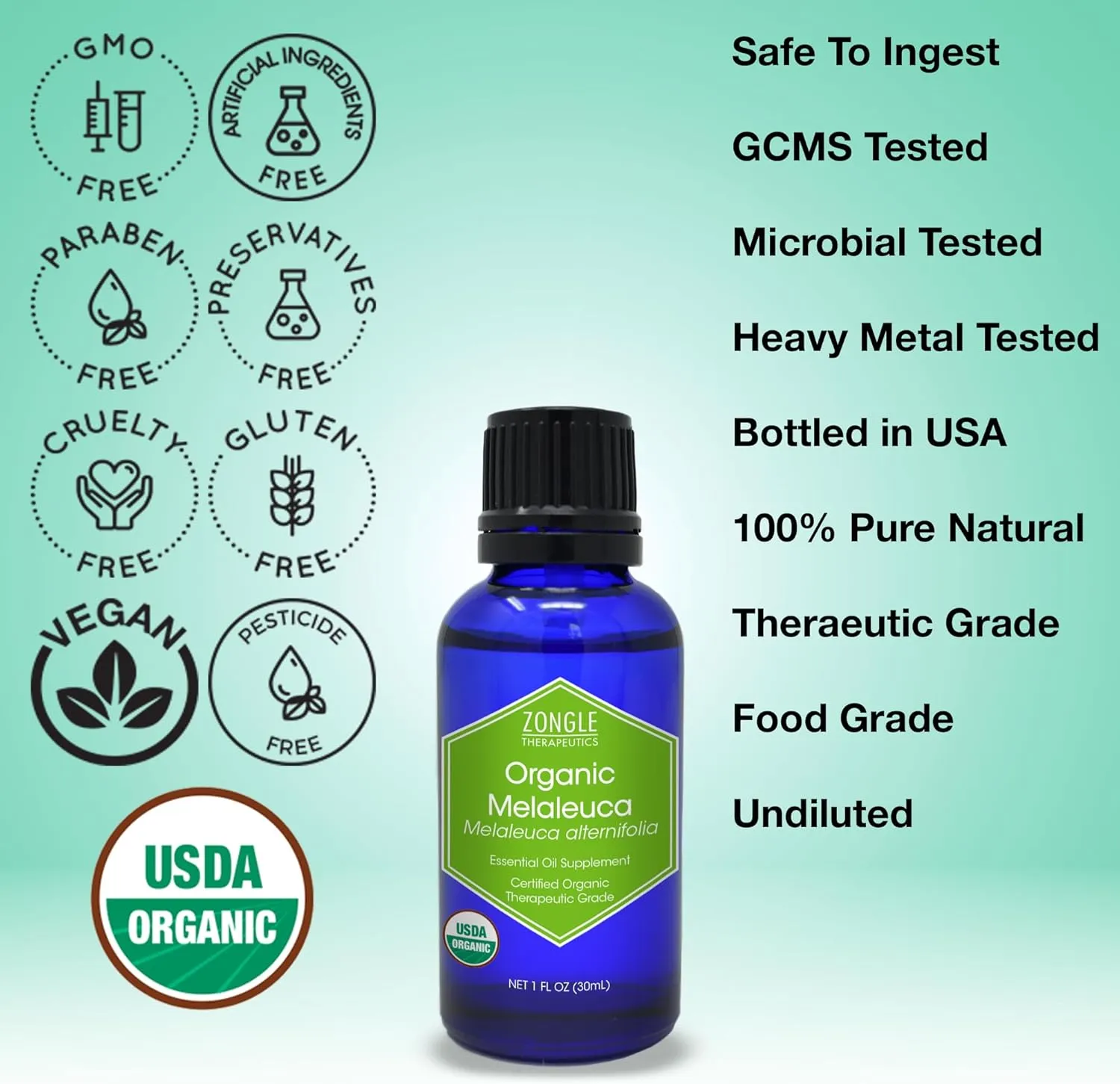 Organic, Tea Tree, Melaleuca, Oil, Food Grade – 100% Pure, Tea Tree Essential Oil, by Zongle Therapeutics, 1 OZ