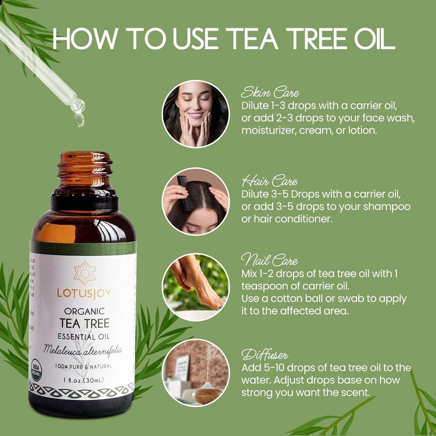 Organic Tea Tree Oil for Skin, Hair, Face, Scalp, Nails, 100% Pure Australian Tea Tree Essential Oil for Spray, Diffuser -1 Oz