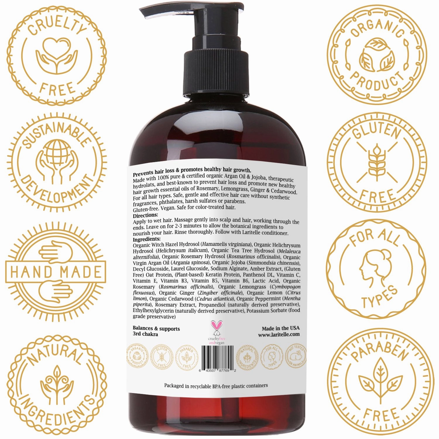 Organic Shampoo 17.5 oz. Argan Oil, Ginger, Cedarwood. Promotes Hair Growth, Prevents Hair Loss. GF