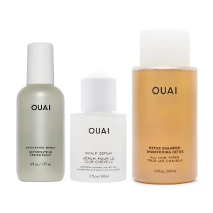OUAI Thicker Hair Essentials - Hair Thickening Spray (6 Fl Oz), Scalp Serum (2 Fl Oz), Detox Shampoo (10 Fl Oz) - Volume, Strength & Scalp Health