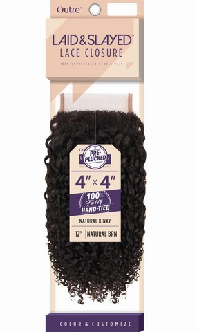 Outre Laid & Slayed Lace Closure Short Medium Length Curly Style Unprocessed Human Hair Pieces - 4X4 LACE CLOSURE NATURAL KINKY 10 (NBLK)