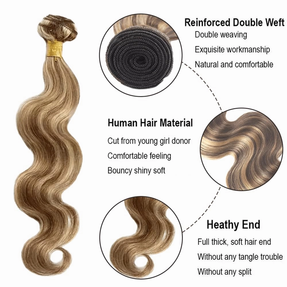 P4613 Bundles Ombre Brown Body Wave Human Hair Bundle Two Tone Color 4 Brown Mixed With Blonde Bundle Highlight 613 Body Wave 3 Bundles 14 16 18 Inch 300G