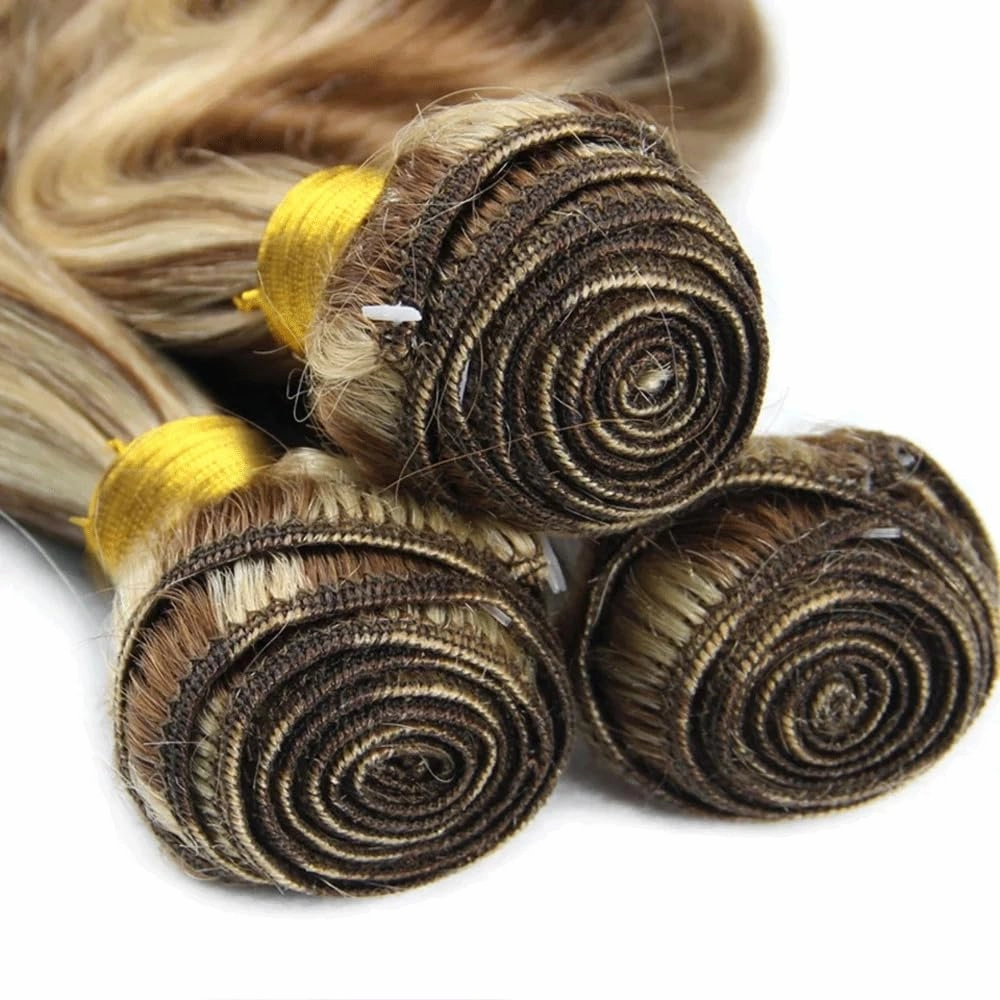 P4613 Bundles Ombre Brown Body Wave Human Hair Bundle Two Tone Color 4 Brown Mixed With Blonde Bundle Highlight 613 Body Wave 3 Bundles 14 16 18 Inch 300G