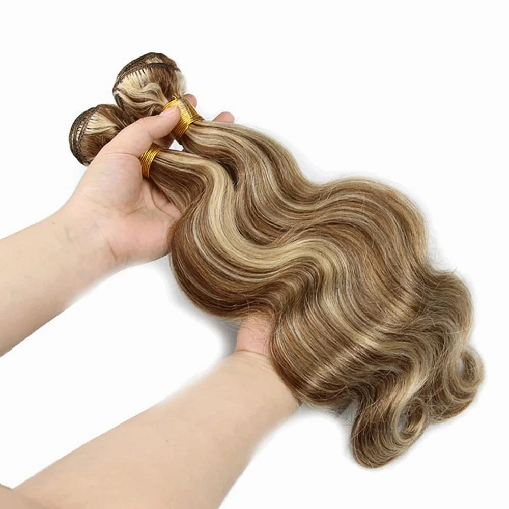 P4613 Bundles Ombre Brown Body Wave Human Hair Bundle Two Tone Color 4 Brown Mixed With Blonde Bundle Highlight 613 Body Wave 3 Bundles 14 16 18 Inch 300G