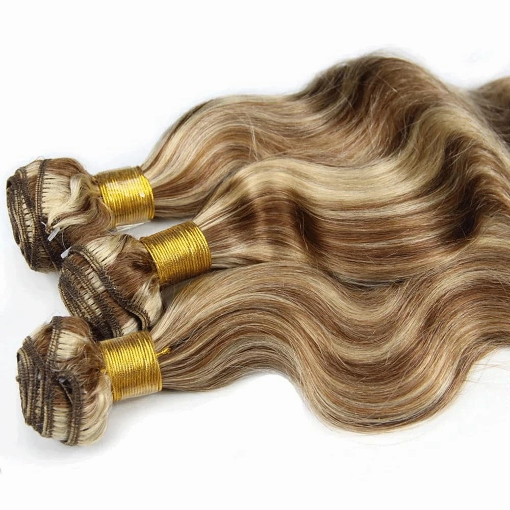 P4613 Bundles Ombre Brown Body Wave Human Hair Bundle Two Tone Color 4 Brown Mixed With Blonde Bundle Highlight 613 Body Wave 3 Bundles 14 16 18 Inch 300G