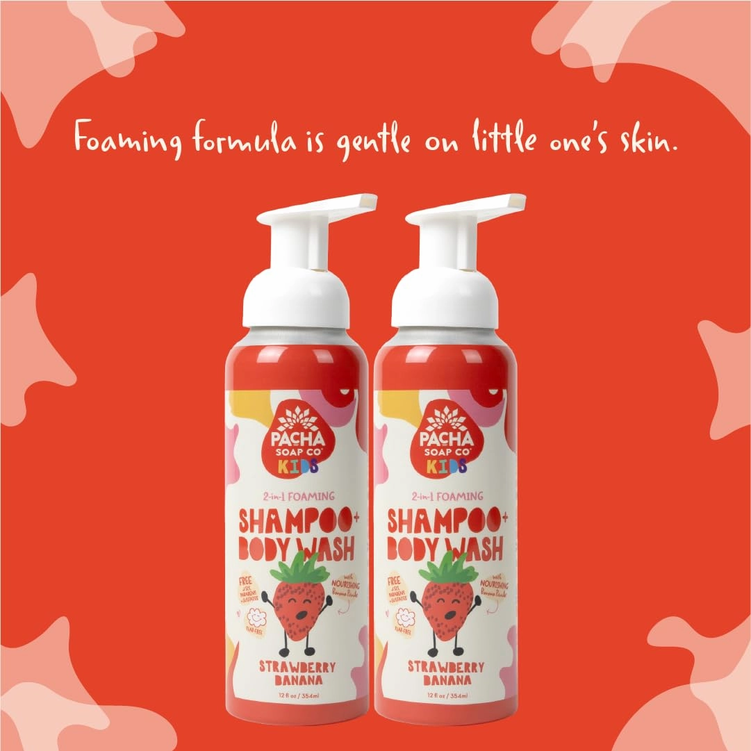 Pacha Soap Co. Kids Foaming Shampoo & Body Wash, Strawberry Banana, 2 Pack - Sweet & Sudsy Cleansing Experience, Tear-Free, Nourishes, Moisturizes, Plant-Based, Vitamin Rich, Non-Toxic, Recyclable