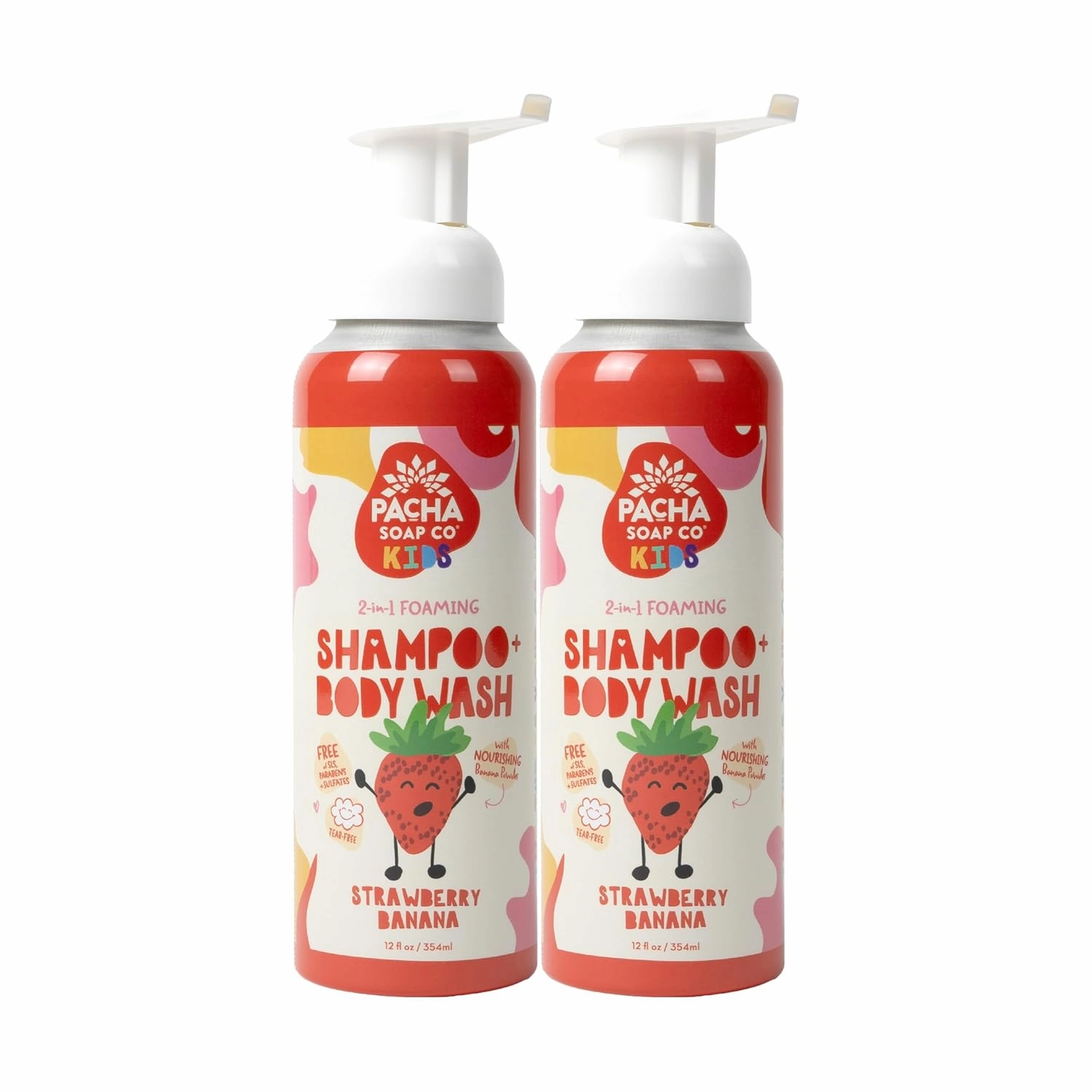 Pacha Soap Co. Kids Foaming Shampoo & Body Wash, Strawberry Banana, 2 Pack - Sweet & Sudsy Cleansing Experience, Tear-Free, Nourishes, Moisturizes, Plant-Based, Vitamin Rich, Non-Toxic, Recyclable