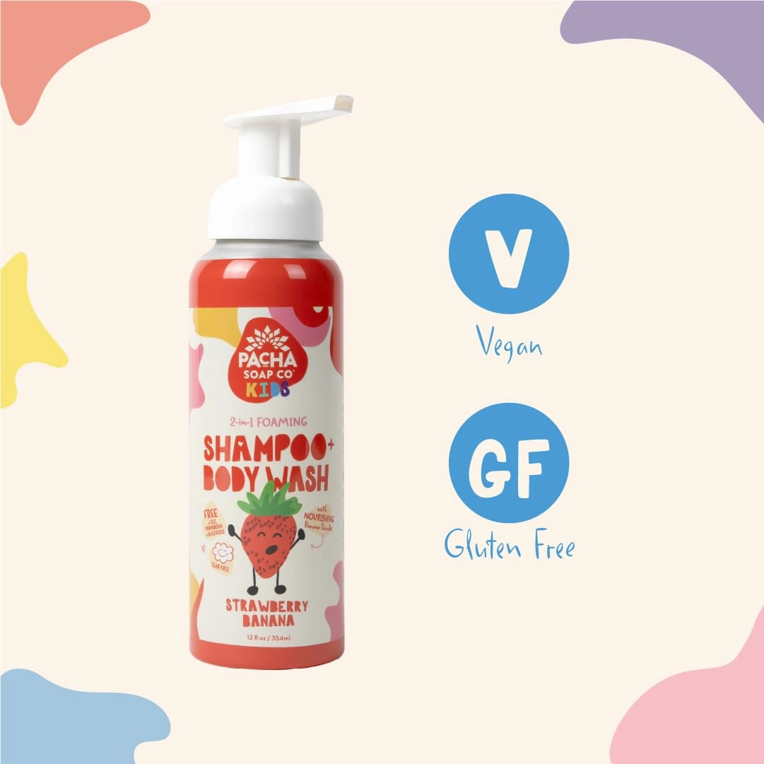 Pacha Soap Co. Kids Foaming Shampoo & Body Wash, Strawberry Banana, 2 Pack - Sweet & Sudsy Cleansing Experience, Tear-Free, Nourishes, Moisturizes, Plant-Based, Vitamin Rich, Non-Toxic, Recyclable