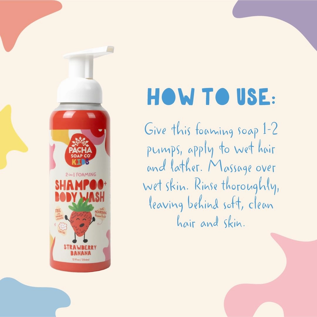 Pacha Soap Co. Kids Foaming Shampoo & Body Wash, Strawberry Banana, 2 Pack - Sweet & Sudsy Cleansing Experience, Tear-Free, Nourishes, Moisturizes, Plant-Based, Vitamin Rich, Non-Toxic, Recyclable