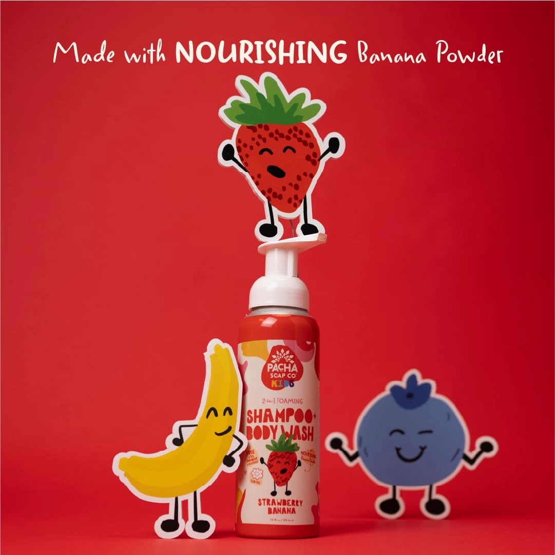 Pacha Soap Co. Kids Foaming Shampoo & Body Wash, Strawberry Banana, 2 Pack - Sweet & Sudsy Cleansing Experience, Tear-Free, Nourishes, Moisturizes, Plant-Based, Vitamin Rich, Non-Toxic, Recyclable