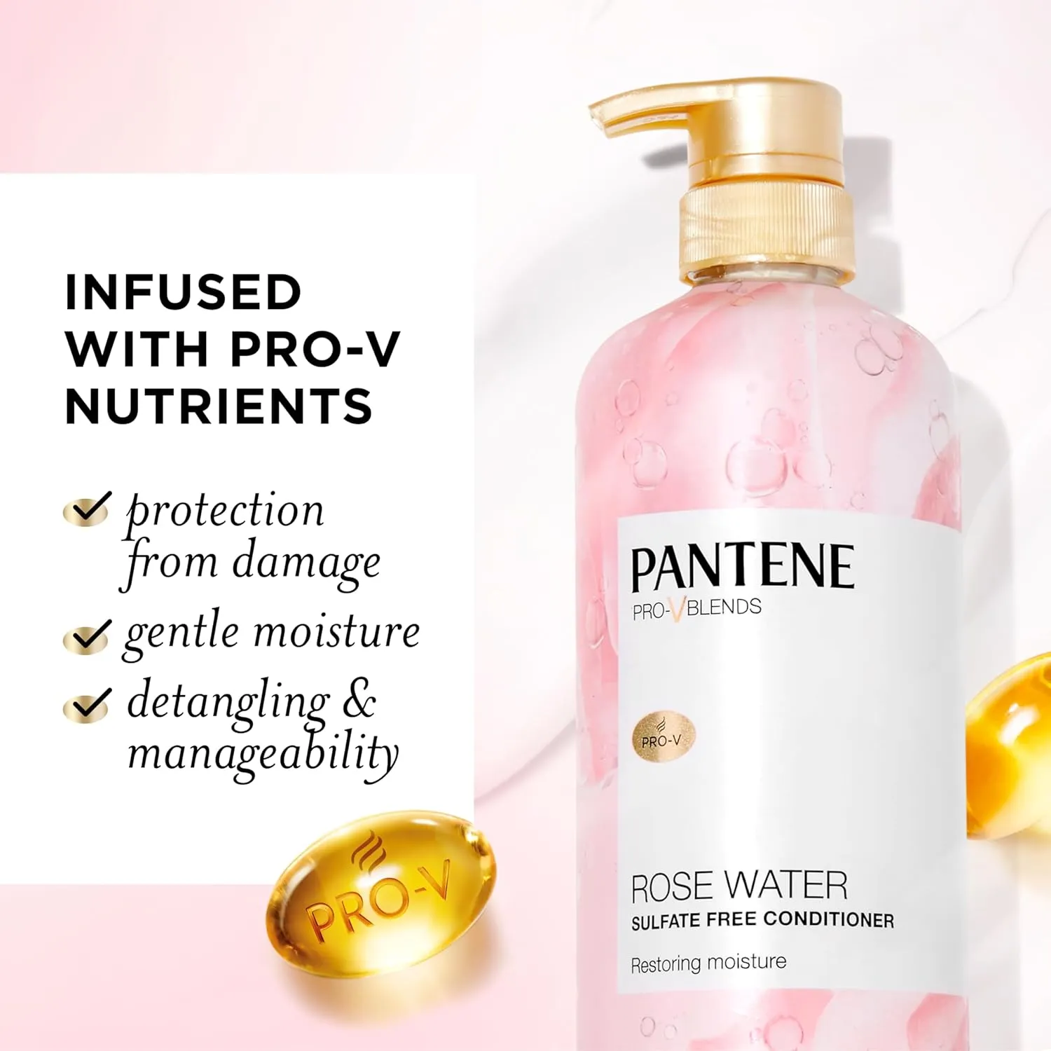 Pantene Rose Water Conditioner, Soothes, Replenishes Hydration, Safe for Color Treated Hair, Nutrient Infused with Vitamin B5 and Antioxidants, Pro-V Blends, 30.0 oz