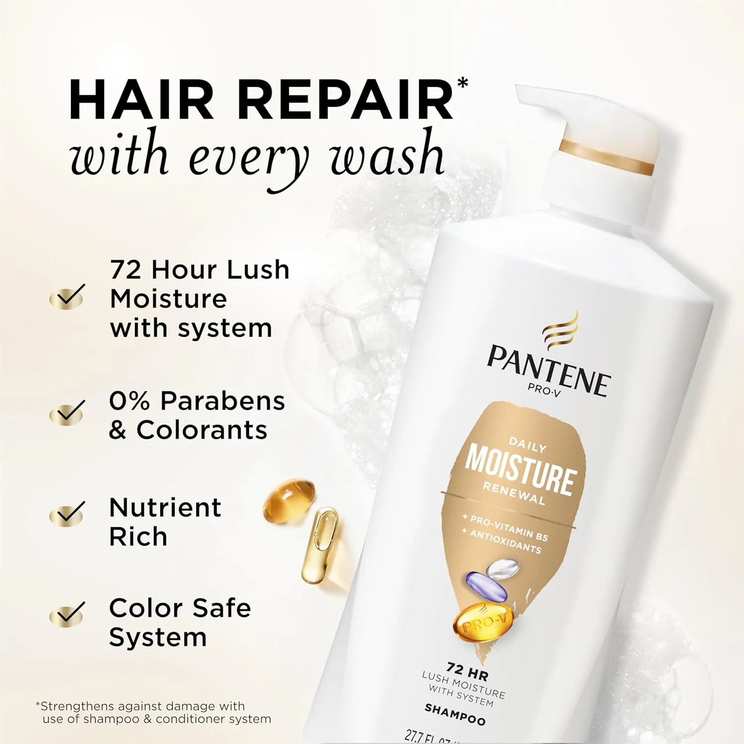 Pantene Shampoo, Daily Moisture Renewal - Pro-V Nutrients for Dry, Color-Treated, Straight to Curly Hair, 72-Hour Hydration & Softness, 27.7 Oz Each, 2-Pack   Miracle Rescue Shot (0.5 Oz)
