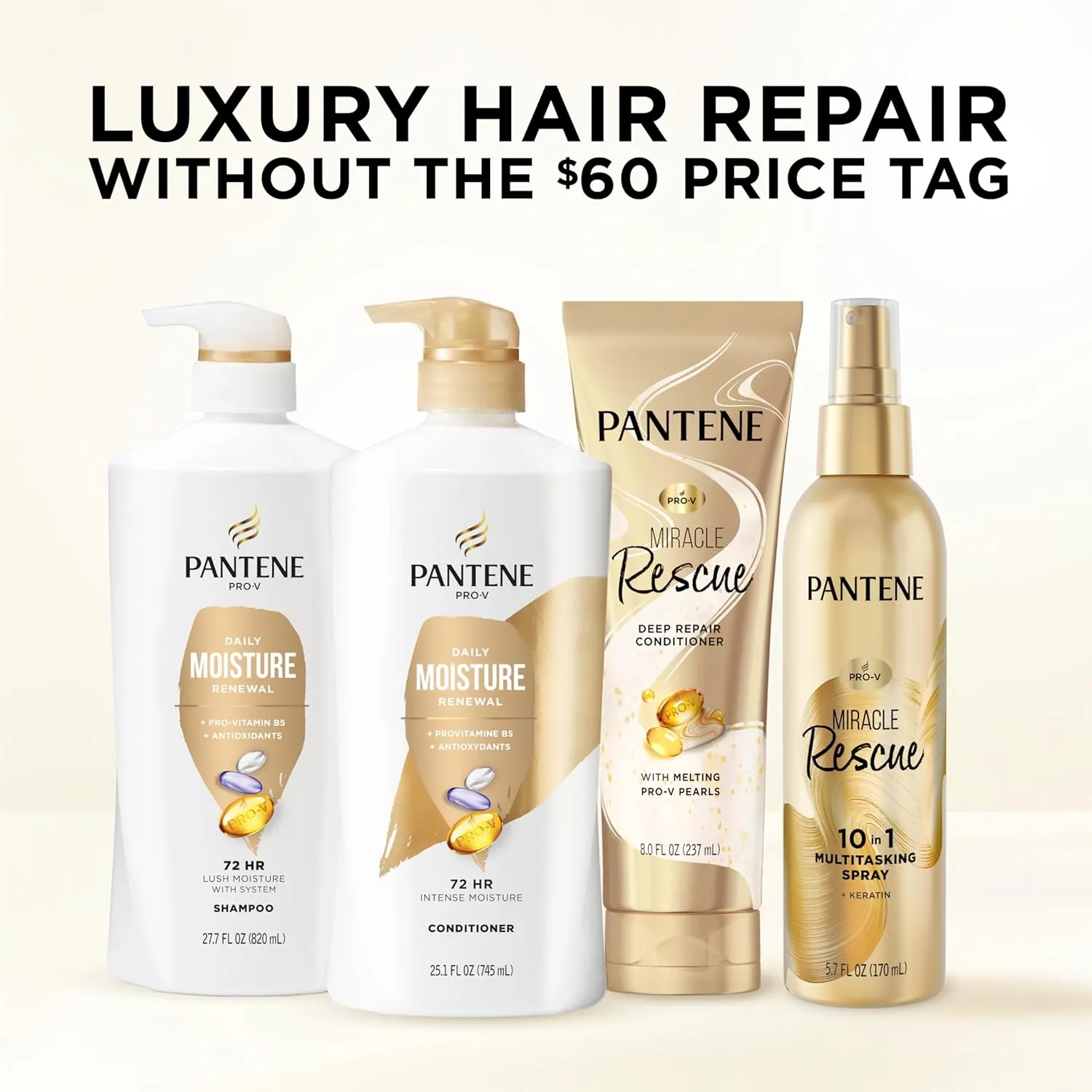 Pantene Shampoo, Daily Moisture Renewal - Pro-V Nutrients for Dry, Color-Treated, Straight to Curly Hair, 72-Hour Hydration & Softness, 27.7 Oz Each, 2-Pack   Miracle Rescue Shot (0.5 Oz)