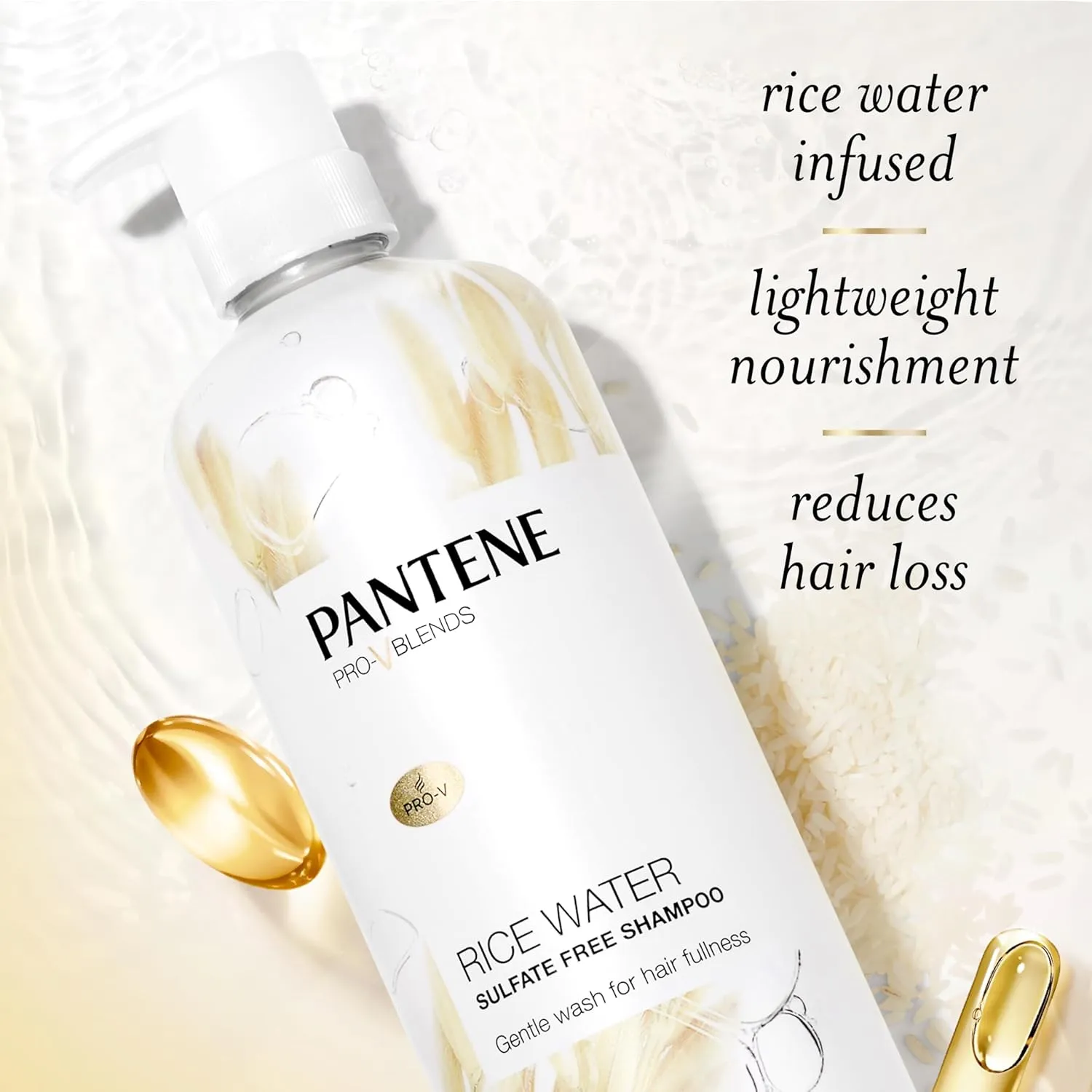 Pantene Sulfate Free Shampoo with Rice Water, Protects Natural Hair Growth, Volumizing, for Women, Nutrient Infused with Vitamin B5, Safe for Color Treated Hair, Pro-V Blends, 30.0 oz