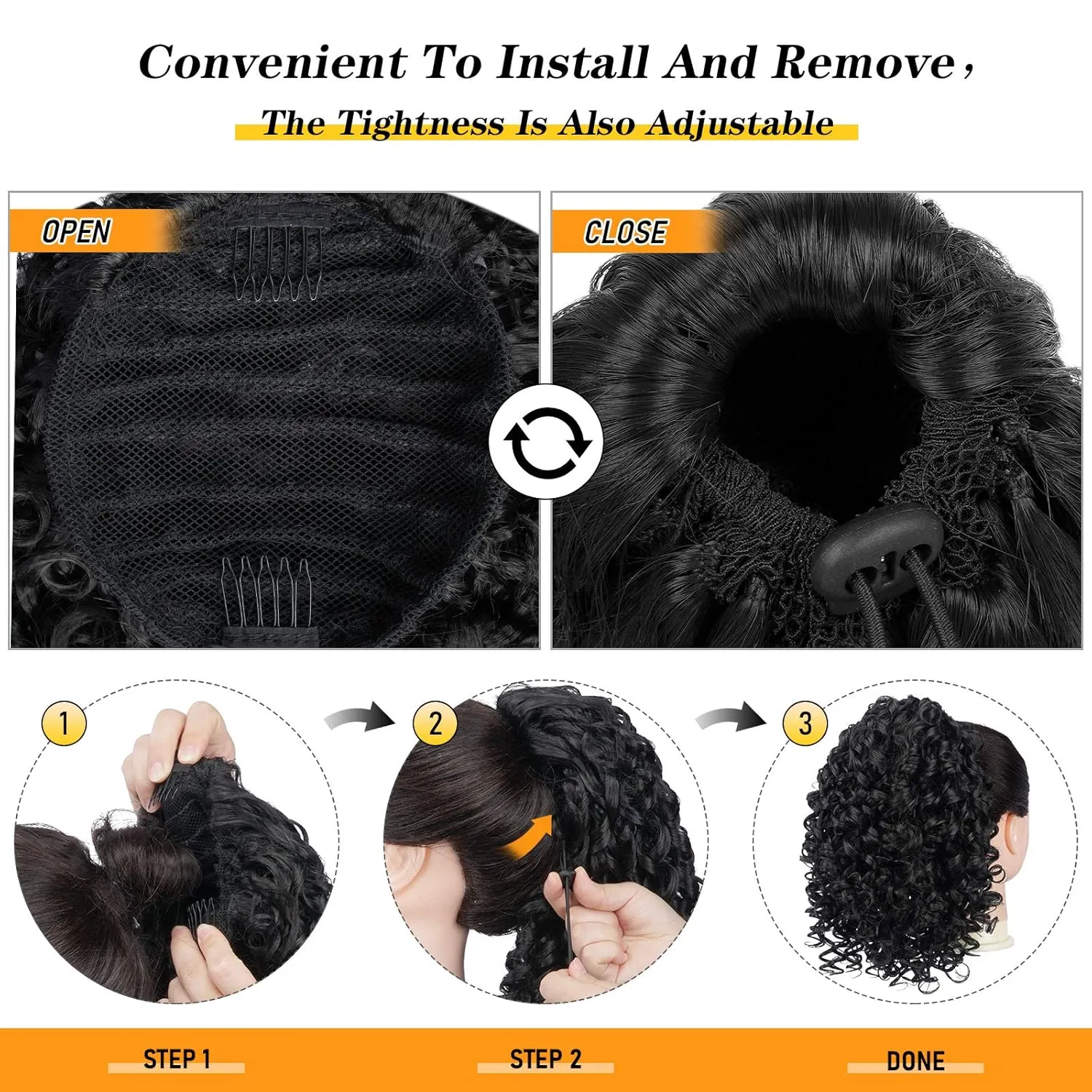 PEACOCO Curly Ponytail Extension Drawstring Ponytails for Black Women - 6 Inch Pony Tail Clip on Ponytail Synthetic Short Afro Hairpiece for Daily Use（1B/bug）