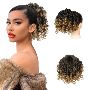 PEACOCO Curly Ponytail Extension Drawstring Ponytails for Black Women - 6 Inch Pony Tail Clip on Ponytail Synthetic Short Afro Hairpiece for Daily Use（T1B/27）