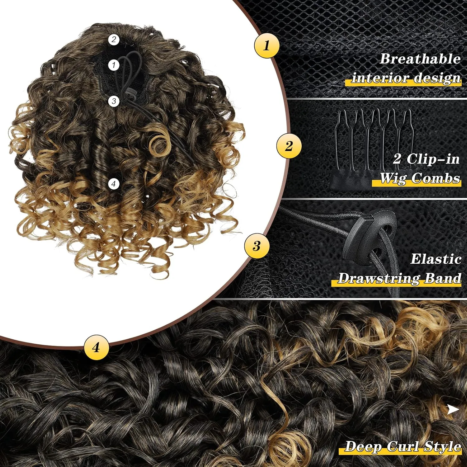 PEACOCO Curly Ponytail Extension Drawstring Ponytails for Black Women - 6 Inch Pony Tail Clip on Ponytail Synthetic Short Afro Hairpiece for Daily Use（T1B/27）