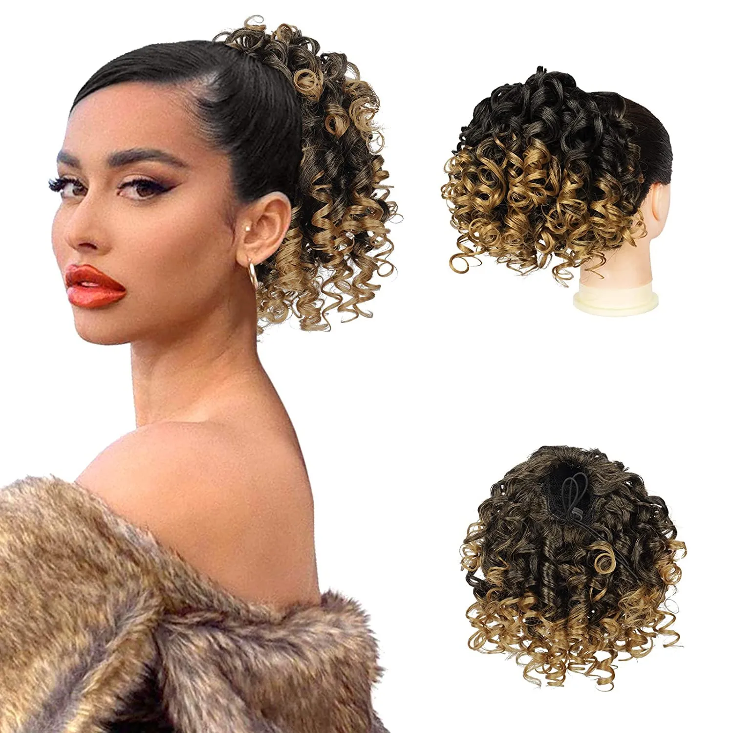 PEACOCO Curly Ponytail Extension Drawstring Ponytails for Black Women - 6 Inch Pony Tail Clip on Ponytail Synthetic Short Afro Hairpiece for Daily Use（T1B/27）