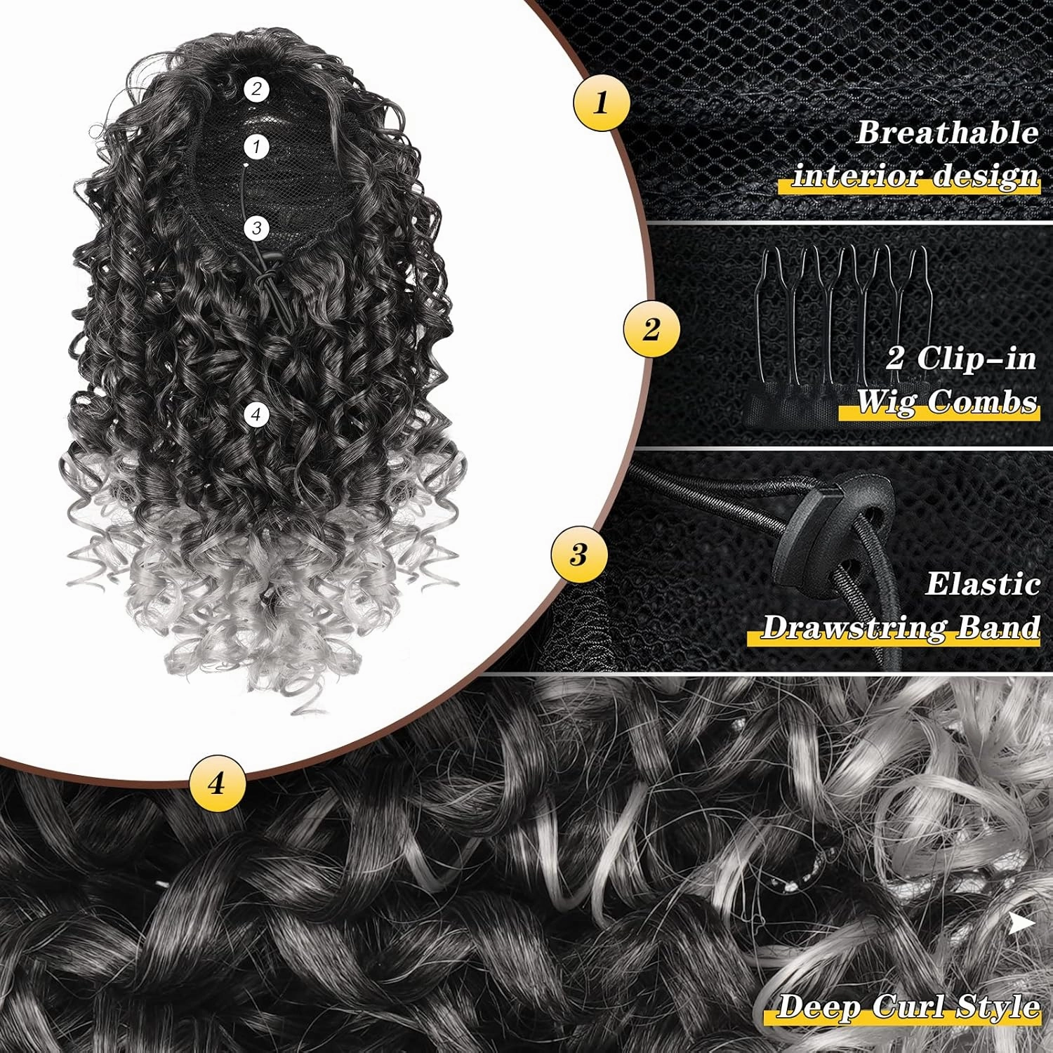 PEACOCO Curly Ponytail Extension Drawstring Ponytails for Black Women - 14 Inch Pony Tail Clip on Ponytail Synthetic Long Afro Hairpiece for Daily Use（1BT/0906）