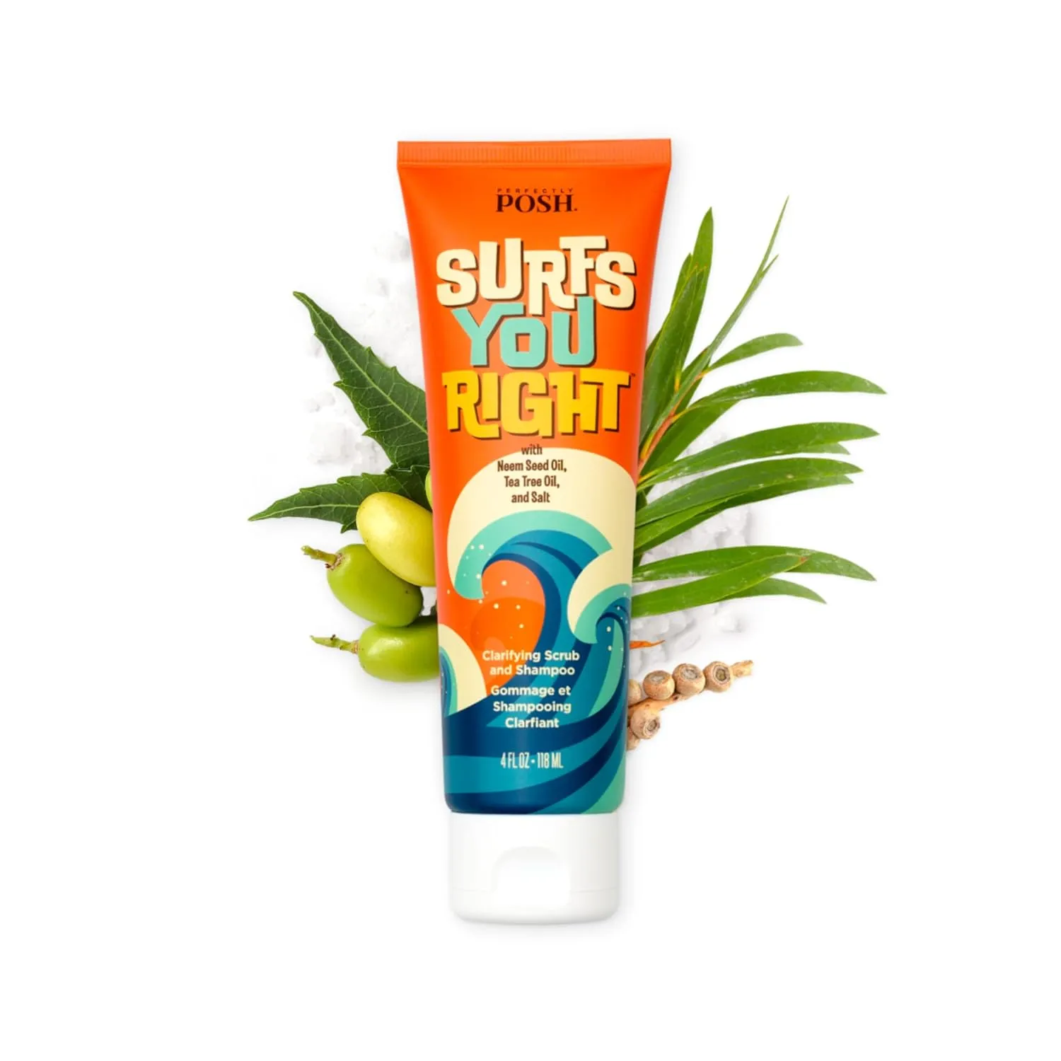 Perfectly Posh SURFS YOU RIGHT Clarifying Scrub and Shampoo with Neem Seed Oil, Tea Tree Oil, and Salt, 4 fl. oz.