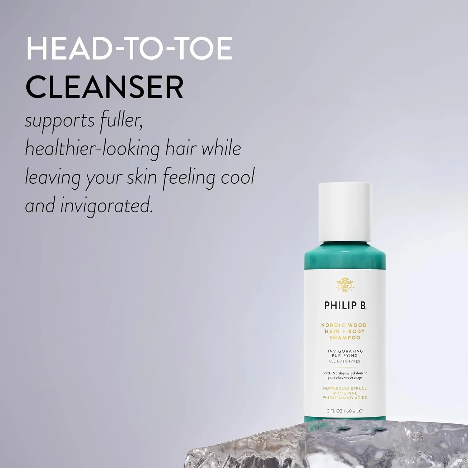 PHILIP B Nordic Wood Hair   Body Shampoo, 2 fl. oz. (60 ml) - Lathers Up Luxuriously, Conditions While Leaving You Feeling Cool & Invigorated, With Notes of Norwegian Spruce, White Pine and Camphor