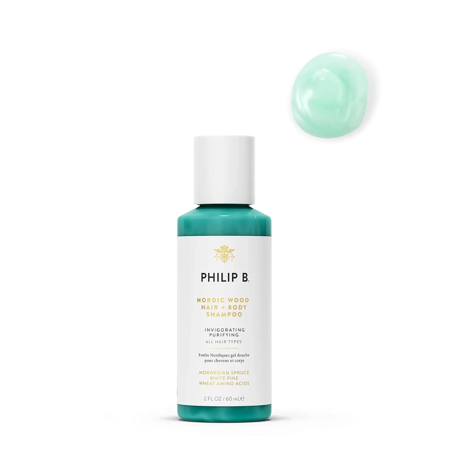 PHILIP B Nordic Wood Hair   Body Shampoo, 2 fl. oz. (60 ml) - Lathers Up Luxuriously, Conditions While Leaving You Feeling Cool & Invigorated, With Notes of Norwegian Spruce, White Pine and Camphor