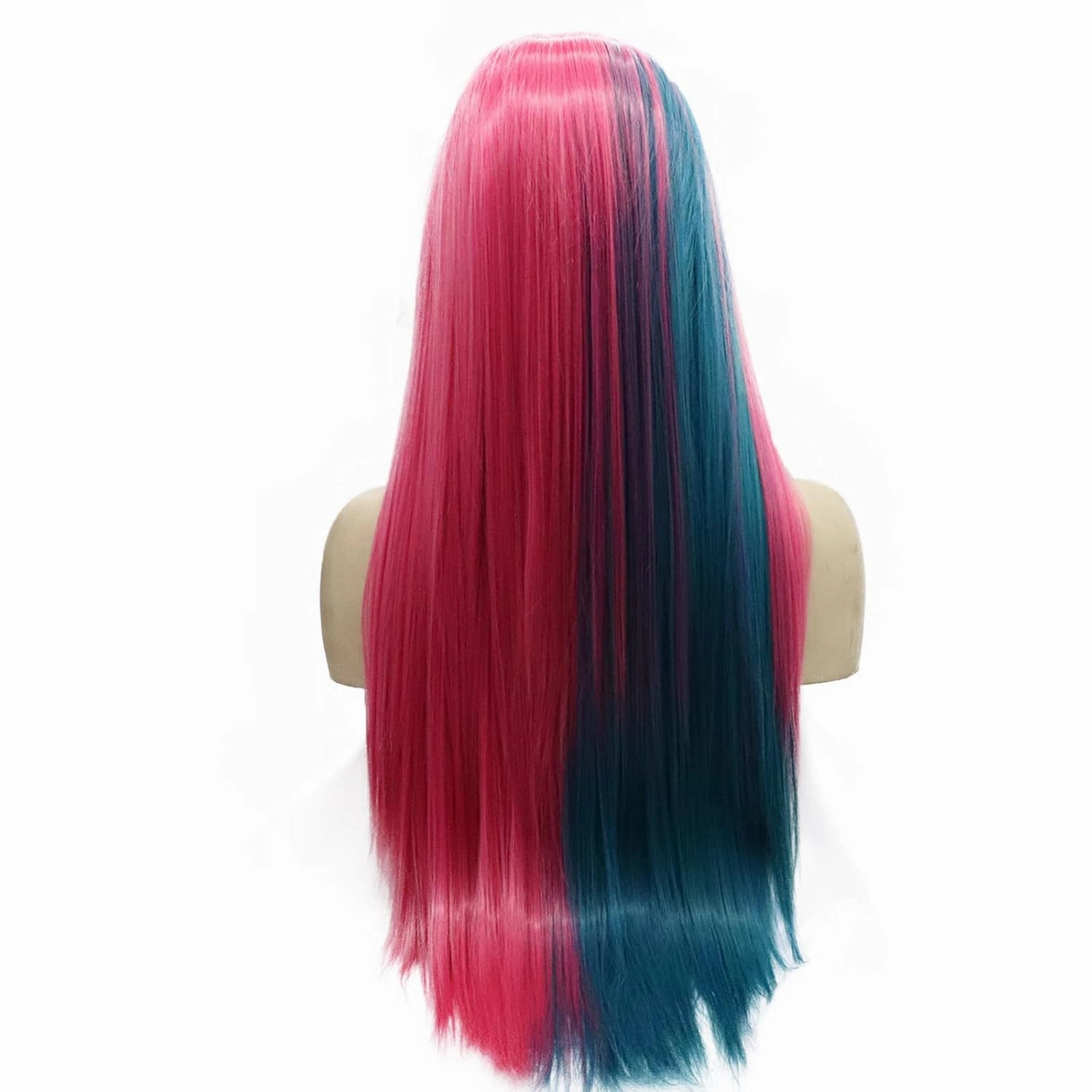 Pink Blue Wig Lace Front Wigs for Women Long Straight Soft Half Hot Pink Blue Rainbow Wig Rose Red Handmade Synthetic Wig Pre Plucked Hairline Glueless Synthetic Heat Resistant Hair Cosplay 24 Inch