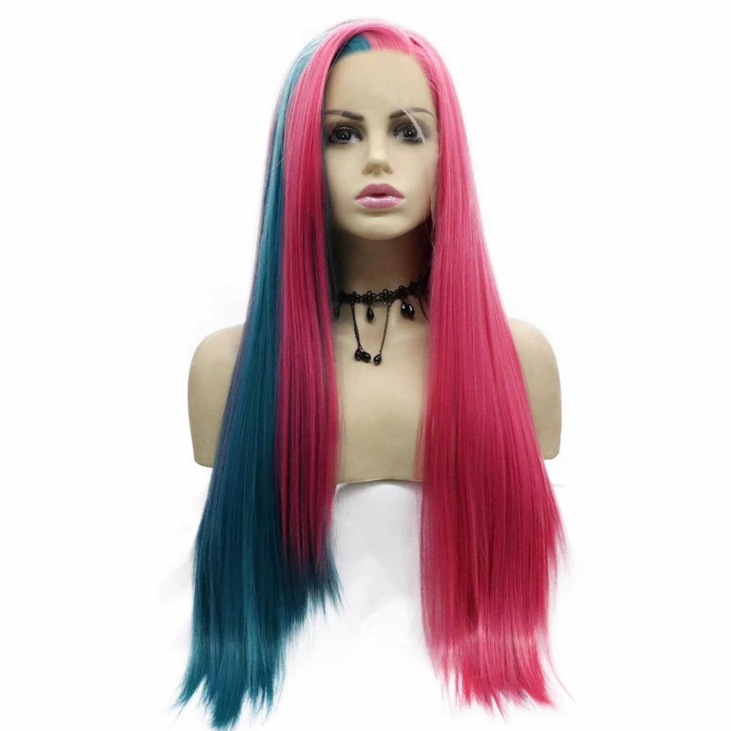 Pink Blue Wig Lace Front Wigs for Women Long Straight Soft Half Hot Pink Blue Rainbow Wig Rose Red Handmade Synthetic Wig Pre Plucked Hairline Glueless Synthetic Heat Resistant Hair Cosplay 24 Inch