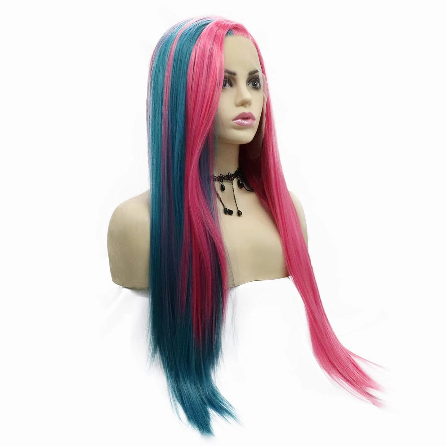 Pink Blue Wig Lace Front Wigs for Women Long Straight Soft Half Hot Pink Blue Rainbow Wig Rose Red Handmade Synthetic Wig Pre Plucked Hairline Glueless Synthetic Heat Resistant Hair Cosplay 24 Inch