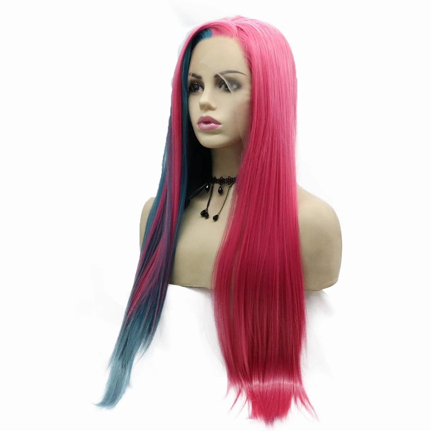 Pink Blue Wig Lace Front Wigs for Women Long Straight Soft Half Hot Pink Blue Rainbow Wig Rose Red Handmade Synthetic Wig Pre Plucked Hairline Glueless Synthetic Heat Resistant Hair Cosplay 24 Inch