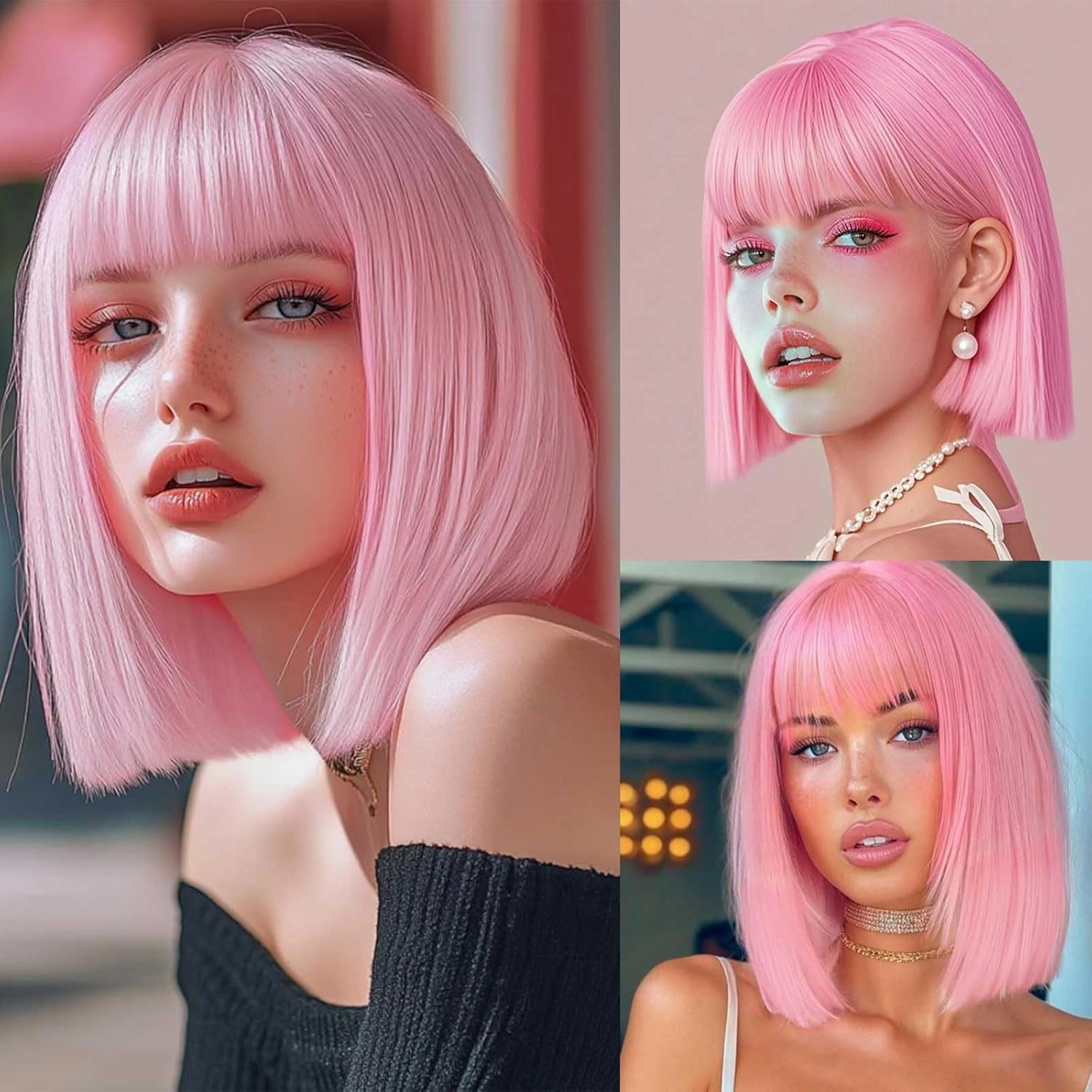 Pink Bob Wig With Bangs 12 Inch Short Bob wig for Women Short Bob Wigs Synthetic Fiber Bob Wigs and Halloween Cosplay Bob Wig With One Cap (Pink)
