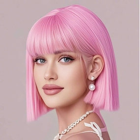 Pink Bob Wig With Bangs 12 Inch Short Bob wig for Women Short Bob Wigs Synthetic Fiber Bob Wigs and Halloween Cosplay Bob Wig With One Cap (Pink)