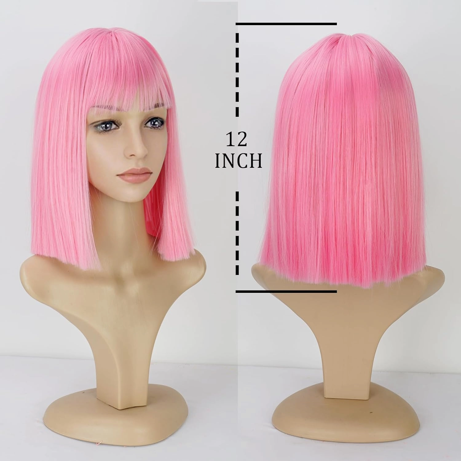 Pink Bob Wig With Bangs 12 Inch Short Bob wig for Women Short Bob Wigs Synthetic Fiber Bob Wigs and Halloween Cosplay Bob Wig With One Cap (Pink)