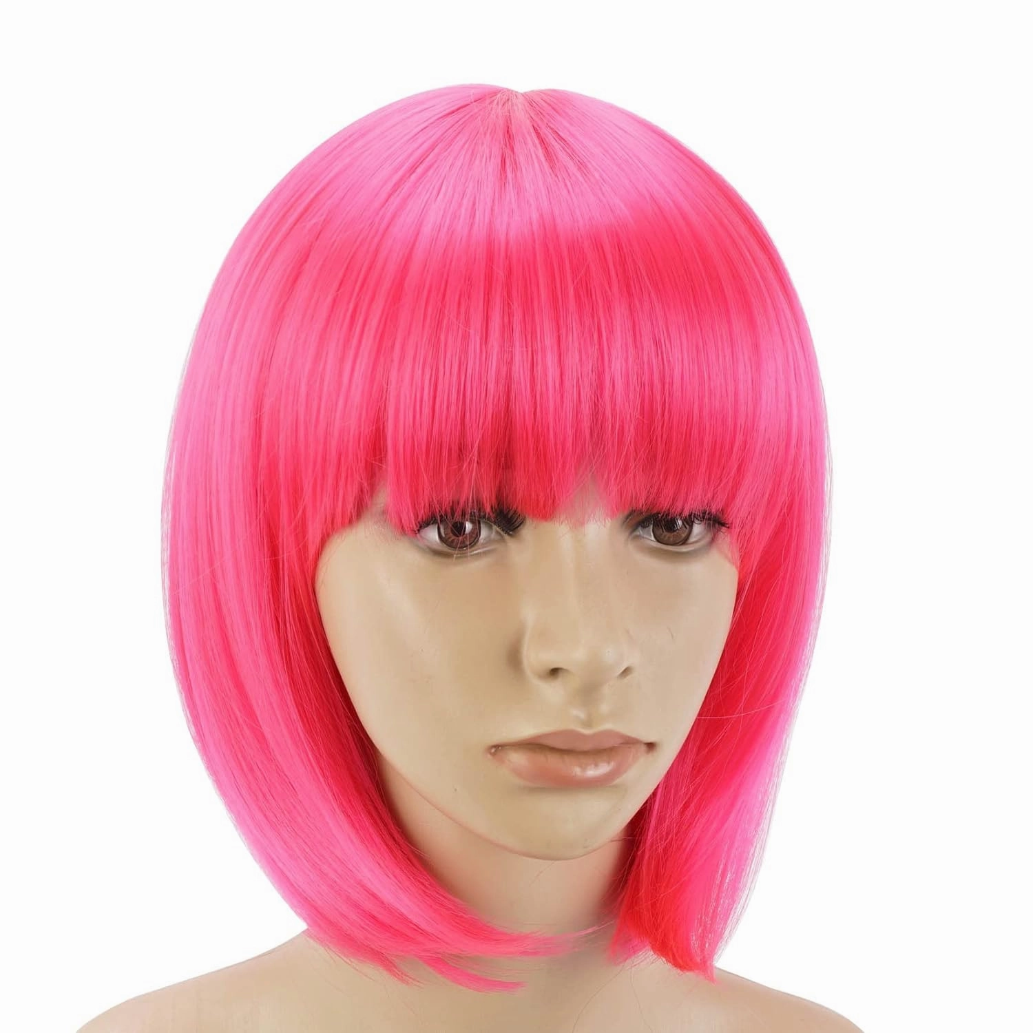 Pink Bob Wig With Bangs 12 Inch Short Synthetic Fiber Bob Wigs for Women Short Bob Wigs and Halloween Cosplay Bob Wig With One Cap (Neon Pink)