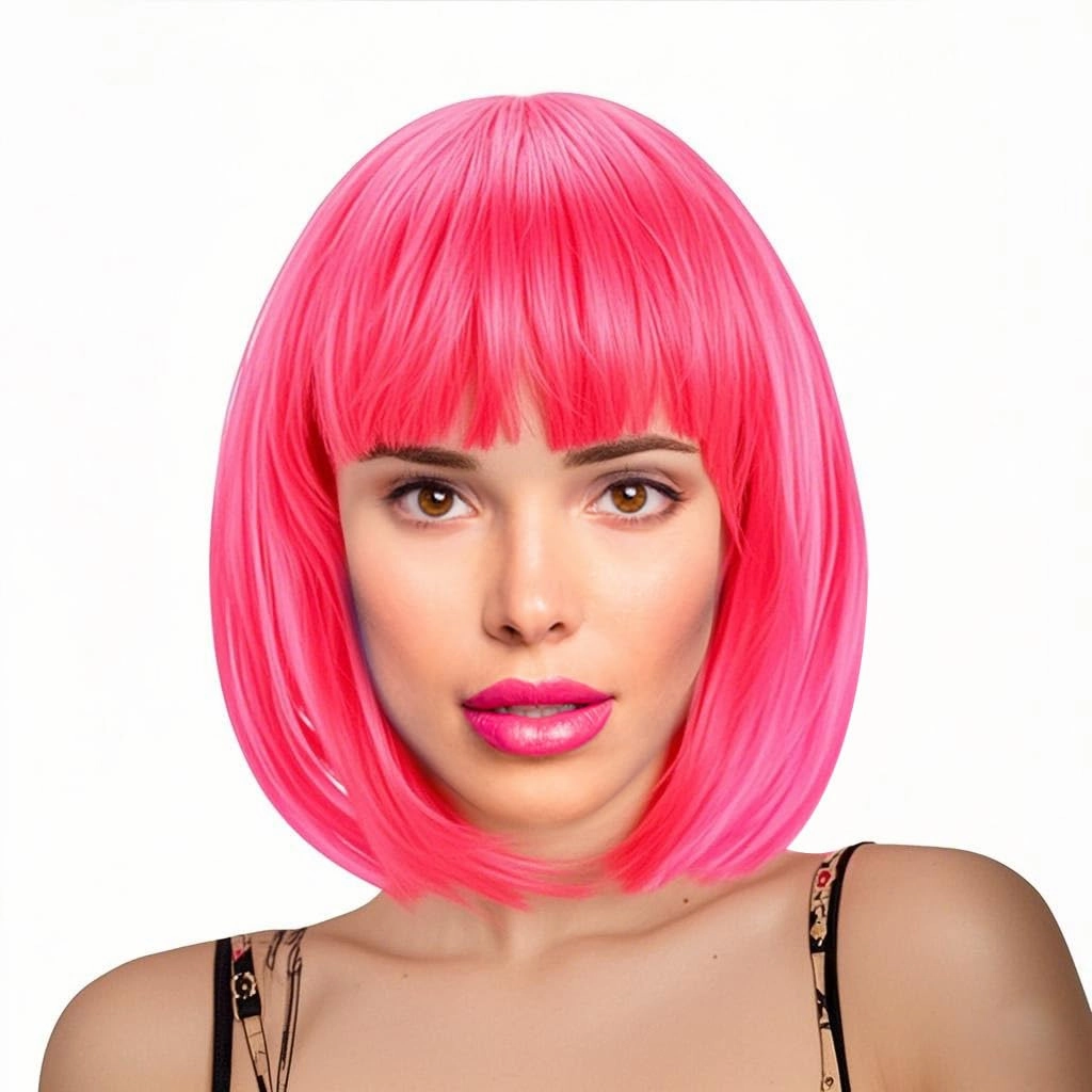 Pink Bob Wig With Bangs 12 Inch Short Synthetic Fiber Bob Wigs for Women Short Bob Wigs and Halloween Cosplay Bob Wig With One Cap (Neon Pink)