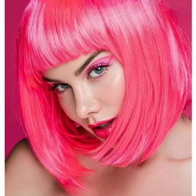 Pink Bob Wig With Bangs 12 Inch Short Synthetic Fiber Bob Wigs for Women Short Bob Wigs and Halloween Cosplay Bob Wig With One Cap (Neon Pink)
