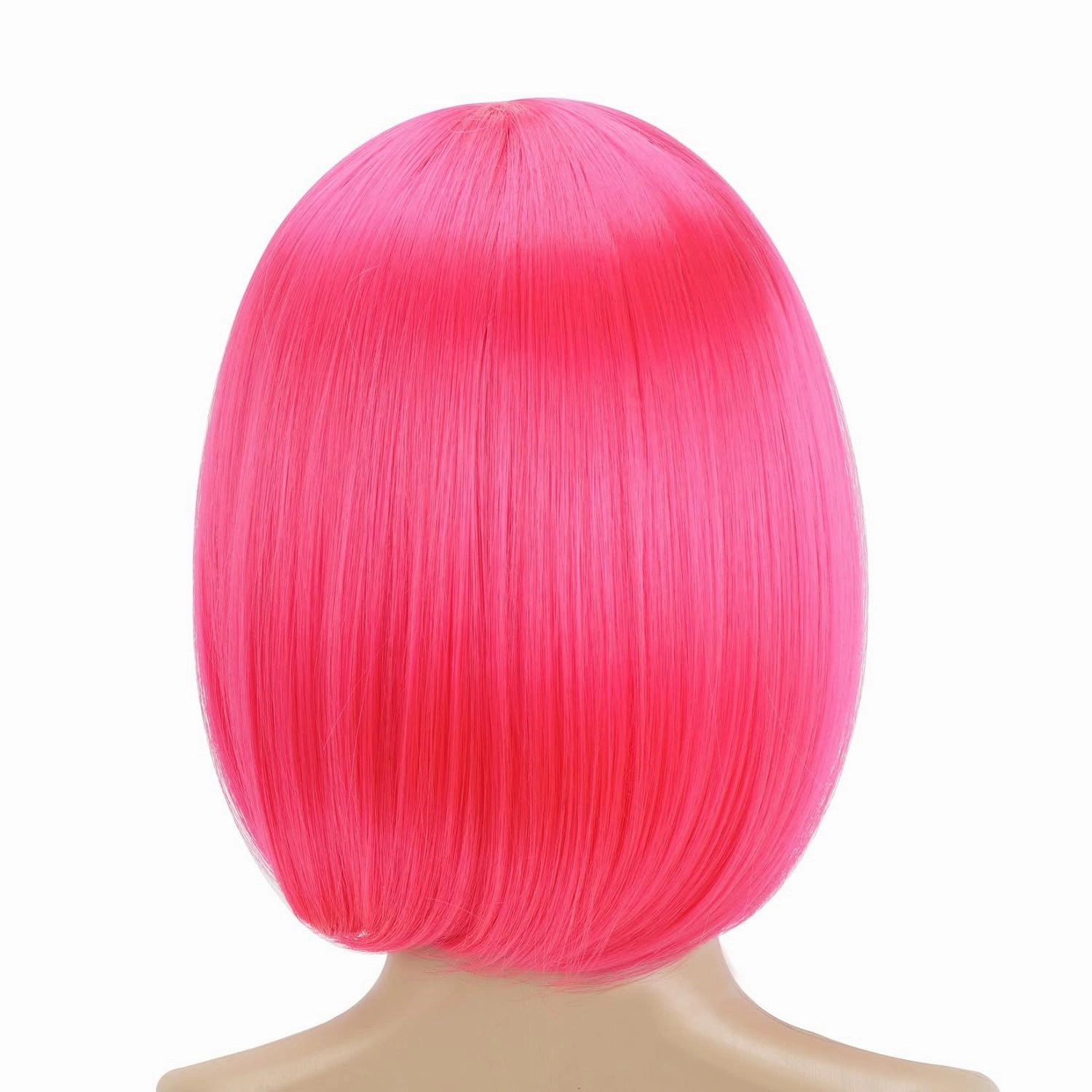 Pink Bob Wig With Bangs 12 Inch Short Synthetic Fiber Bob Wigs for Women Short Bob Wigs and Halloween Cosplay Bob Wig With One Cap (Neon Pink)