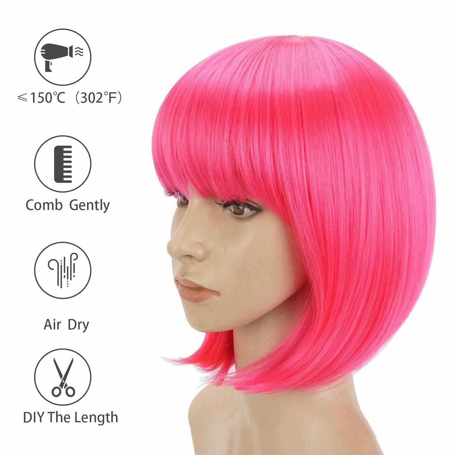 Pink Bob Wig With Bangs 12 Inch Short Synthetic Fiber Bob Wigs for Women Short Bob Wigs and Halloween Cosplay Bob Wig With One Cap (Neon Pink)