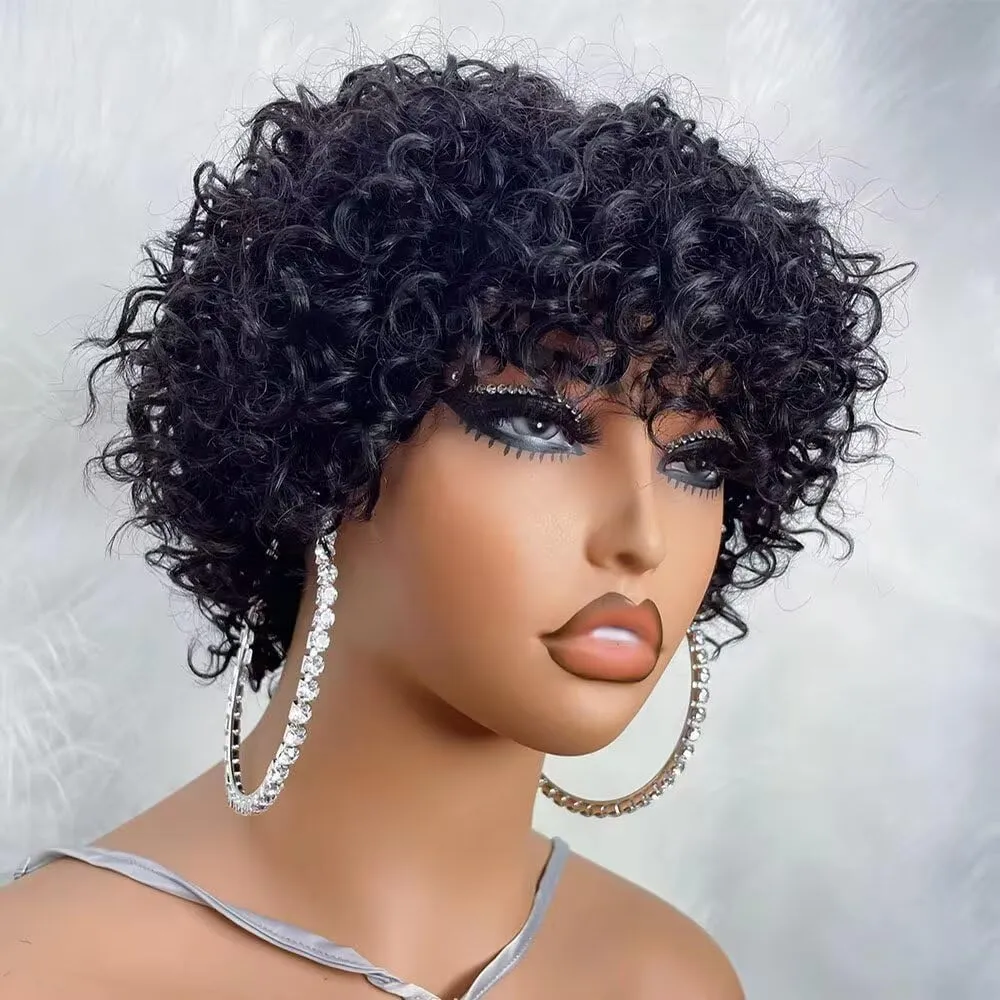 Pixie Cut Human Hair Wigs For Black Women Afro Rose Curly Funmi Glueless Wigs with Bangs Short Bouncy Curly Bob 13x4 HD Transparent Lace Front Wig 150% Density Bleached Knots 6inch