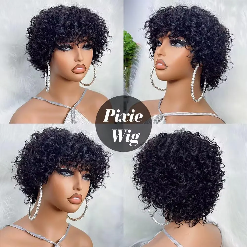 Pixie Cut Human Hair Wigs For Black Women Afro Rose Curly Funmi Glueless Wigs with Bangs Short Bouncy Curly Bob 13x4 HD Transparent Lace Front Wig 150% Density Bleached Knots 6inch