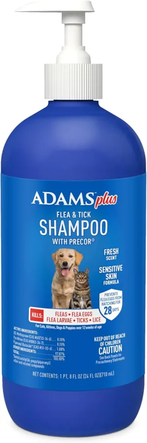 Plus Flea & Tick Shampoo with Precor for Cats, Kittens, Dogs & Puppies Over 12 Weeks Of Age |Sensitive Skin Flea Treatment |Kills Adult Fleas, Flea Eggs, Ticks, and Lice |24 Oz, Pump Included