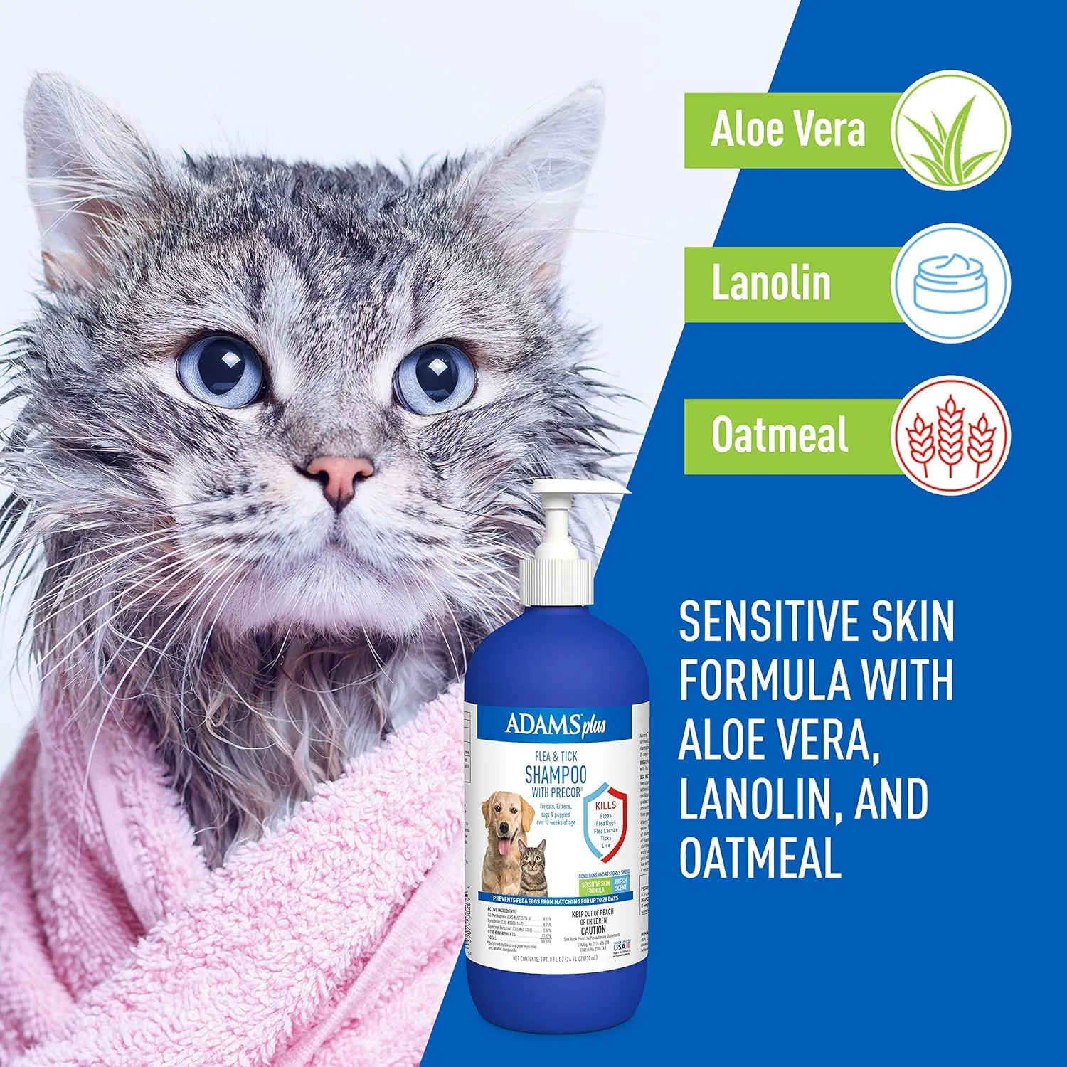 Plus Flea & Tick Shampoo with Precor for Cats, Kittens, Dogs & Puppies Over 12 Weeks Of Age |Sensitive Skin Flea Treatment |Kills Adult Fleas, Flea Eggs, Ticks, and Lice |24 Oz, Pump Included