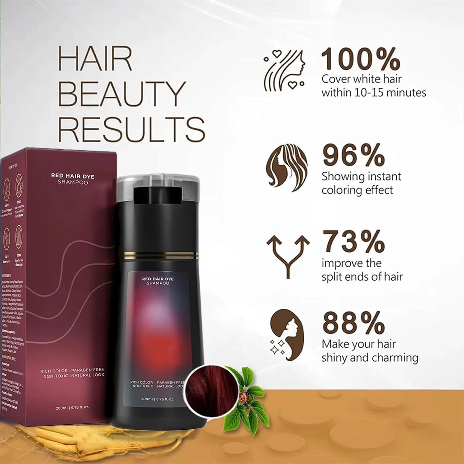 Polar Hair Dye Shampoo, Hair Color Dye Shampoo, Hair Care Instant Dye Shampoo, Natural Hair Color Shampoo for Gray Hair Coverage, Suitable for Women & Men(Red)