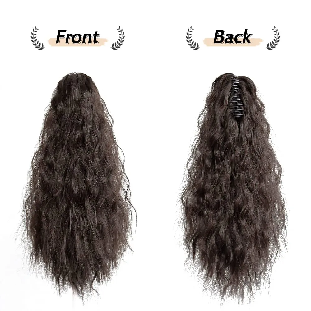 Pony Tail Extensions Wavy Claw Clip Ponytail Extension 18" Long Natural Fake Ponytails Synthetic Fluffy Natural Clips in Hair Pieces for Black Women Party Daily Use 6 Oz Darkest Brown