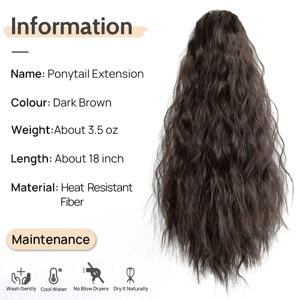Pony Tail Extensions Wavy Claw Clip Ponytail Extension 18" Long Natural Fake Ponytails Synthetic Fluffy Natural Clips in Hair Pieces for Black Women Party Daily Use 6 Oz Darkest Brown