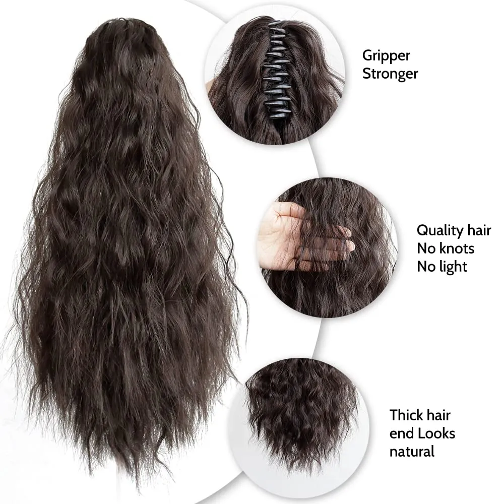 Pony Tail Extensions Wavy Claw Clip Ponytail Extension 18" Long Natural Fake Ponytails Synthetic Fluffy Natural Clips in Hair Pieces for Black Women Party Daily Use 6 Oz Darkest Brown